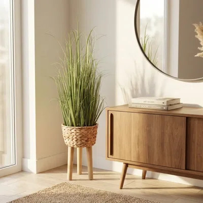 Tall Faux Grass In Woven Basket Planter With Wood Legs | Wayfair North America