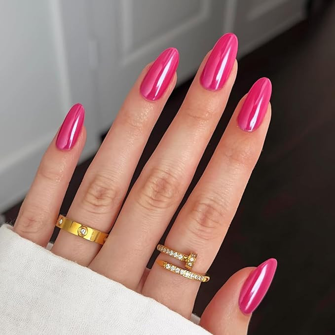 Modelones Hot Pink Press on Nails Almond, Summer Neon Chrome Short Almond Fake Nails, Reusable Na... | Amazon (US)