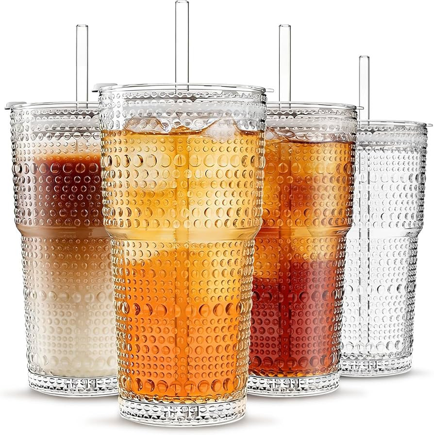 INSETLAN 20oz Hobnail Glass Cups with Lids and Glass Straws \u2013 4 Pieces, Thick-Walled Glass T... | Amazon (US)