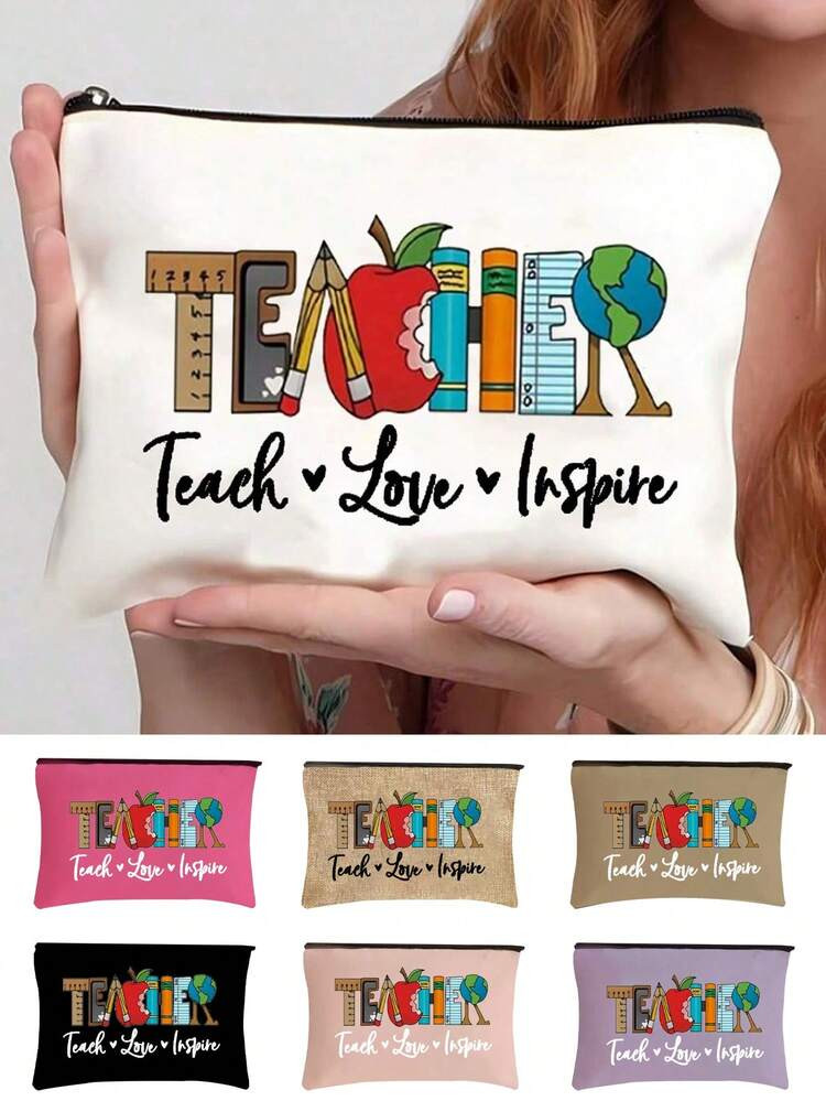 1pc Zipper Polyester Makeup Bag With Cartoon Ruler, Apple, Globe, Pencil And Other Elements Pattern Printing, Gift For Girls, Cute And Fashionable Letter Pattern Printing Storage Bag, Makeup Bag For Small Item Storage, Storage Bag, Makeup Storage Bag, Toilet Bag, Handbag, Lightweight Foldable Storage Bag, Simple Shopping Bag, Teacher Gift Handbag, Teacher Storage Bag, Suitable For Personal Travel Cosmetics Storage | SHEIN