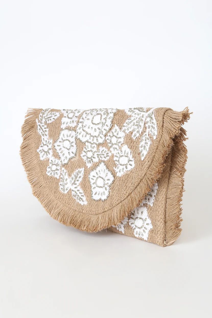 Meet Me for Drinks Tan and White Beaded Embroidered Clutch | Lulus (US)