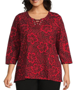 Allison Daley Plus Size Tango Red Floral Print 3/4 Sleeve Split-V Neck Knit Top | Dillard's | Dillard's