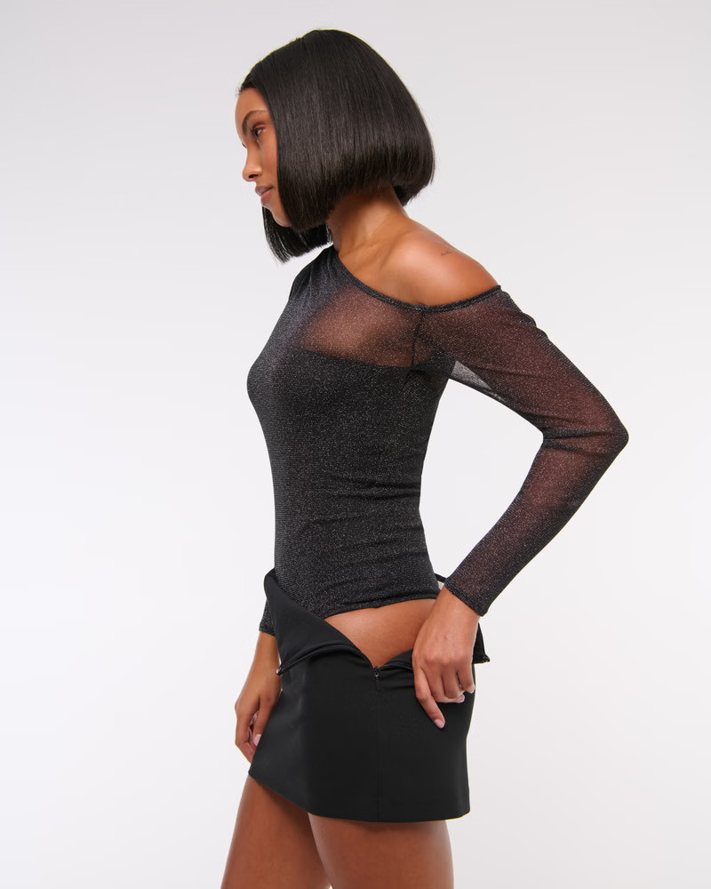 Long-Sleeve Asymmetrical Draped Mesh Bodysuit | Abercrombie & Fitch (US)