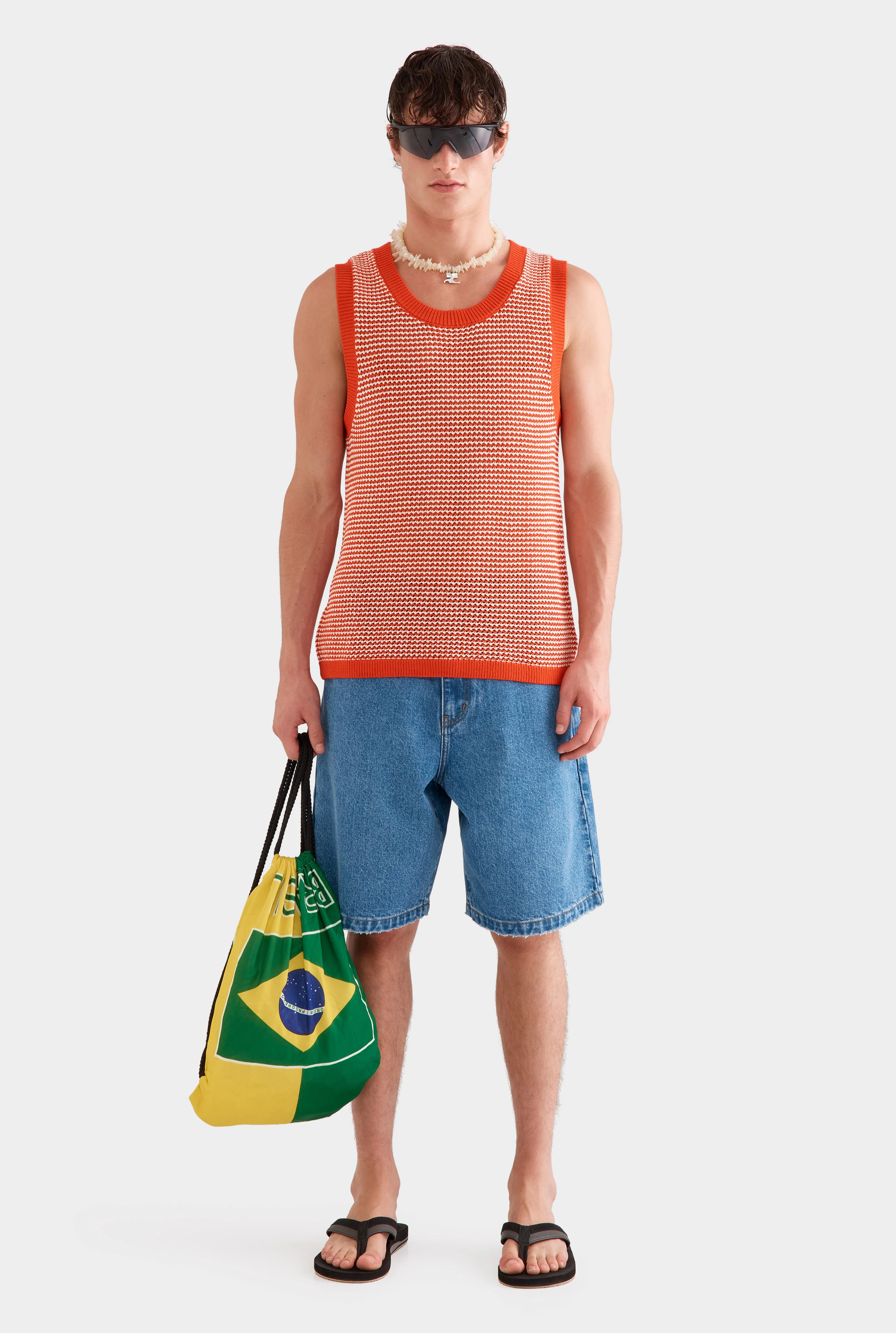 Mens Cotton Crochet Tank in Bright Red/Off White | Venroy | Venroy AU