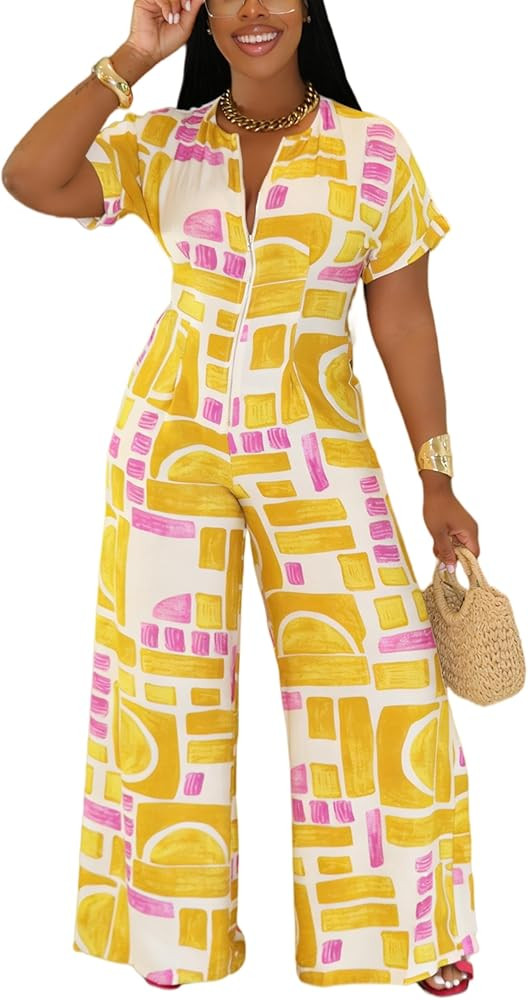 YUEWOO Jumpsuits for Women Sexy Zip Up Short Sleeve Casual Wide Leg Long Pants Rompers One Piece ... | Amazon (US)