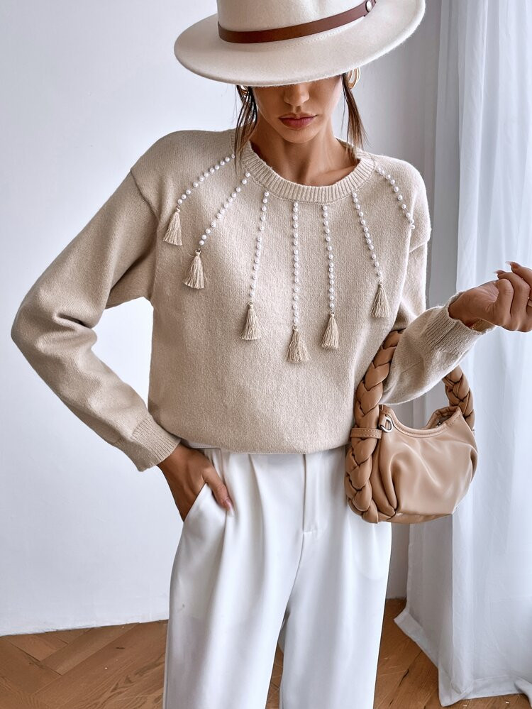 Pearls Beaded Tassel Trim Drop Shoulder Sweater | SHEIN