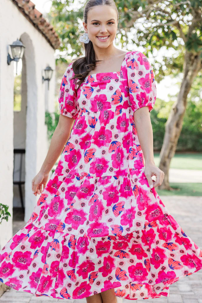Answer The Call Hot Pink Floral Midi Dress | The Mint Julep Boutique
