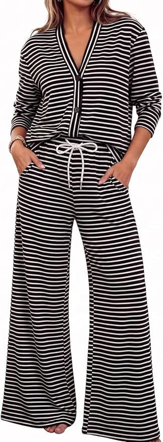 Fisoew Womens 2 Piece Lounge Set Striped Cardigan Pant Sets Travel Outfits | Amazon (US)