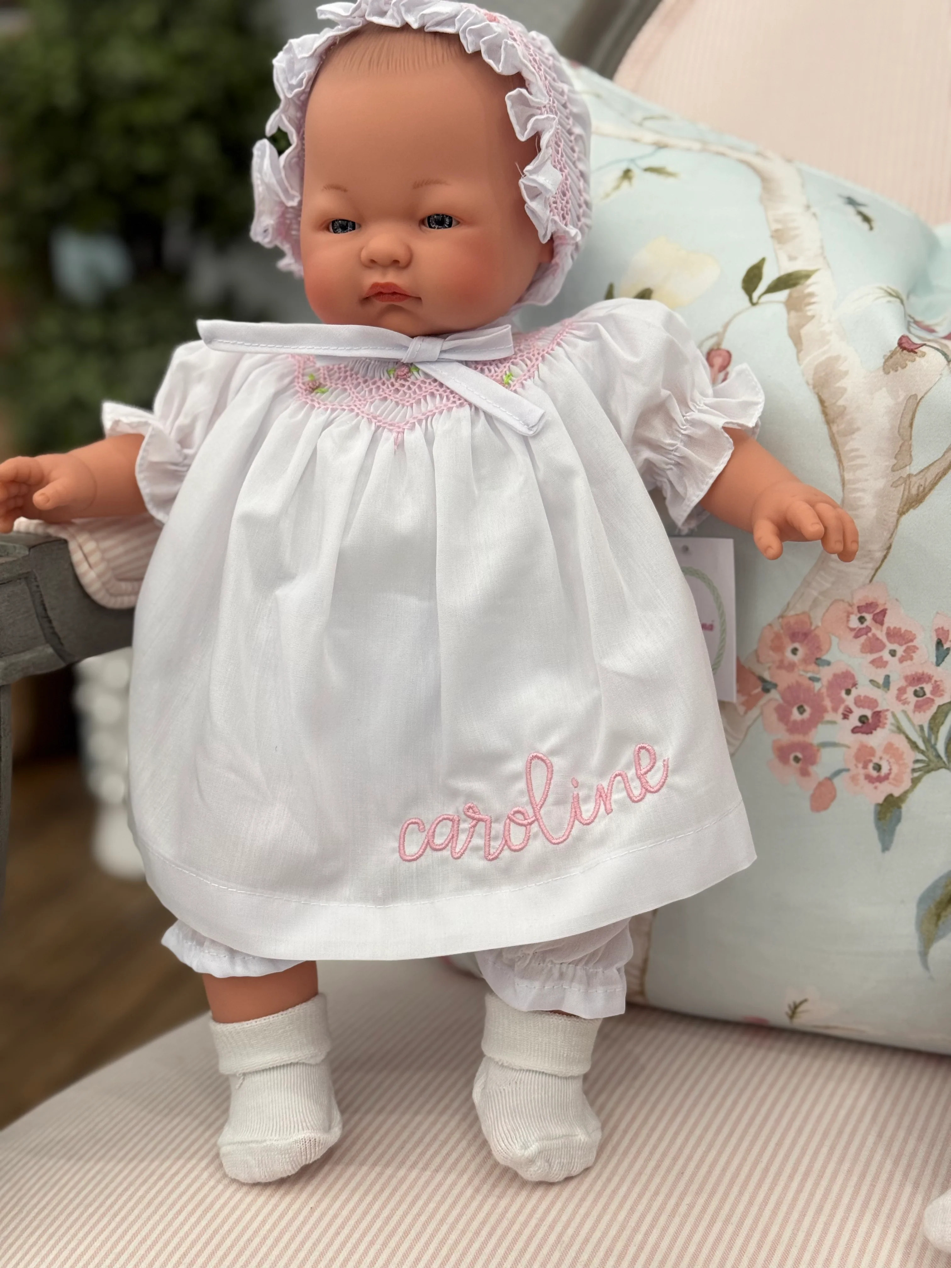 Rosalina White or Pink Dress 15" Emma Doll *BROWN EYES* (Doll, Dress, and Embroidery) | Hampton James Clothing