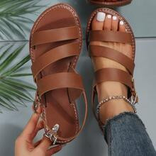 Women Buckle Decor Slingback Sandals, Elegant Brown Flat Sandals | SHEIN