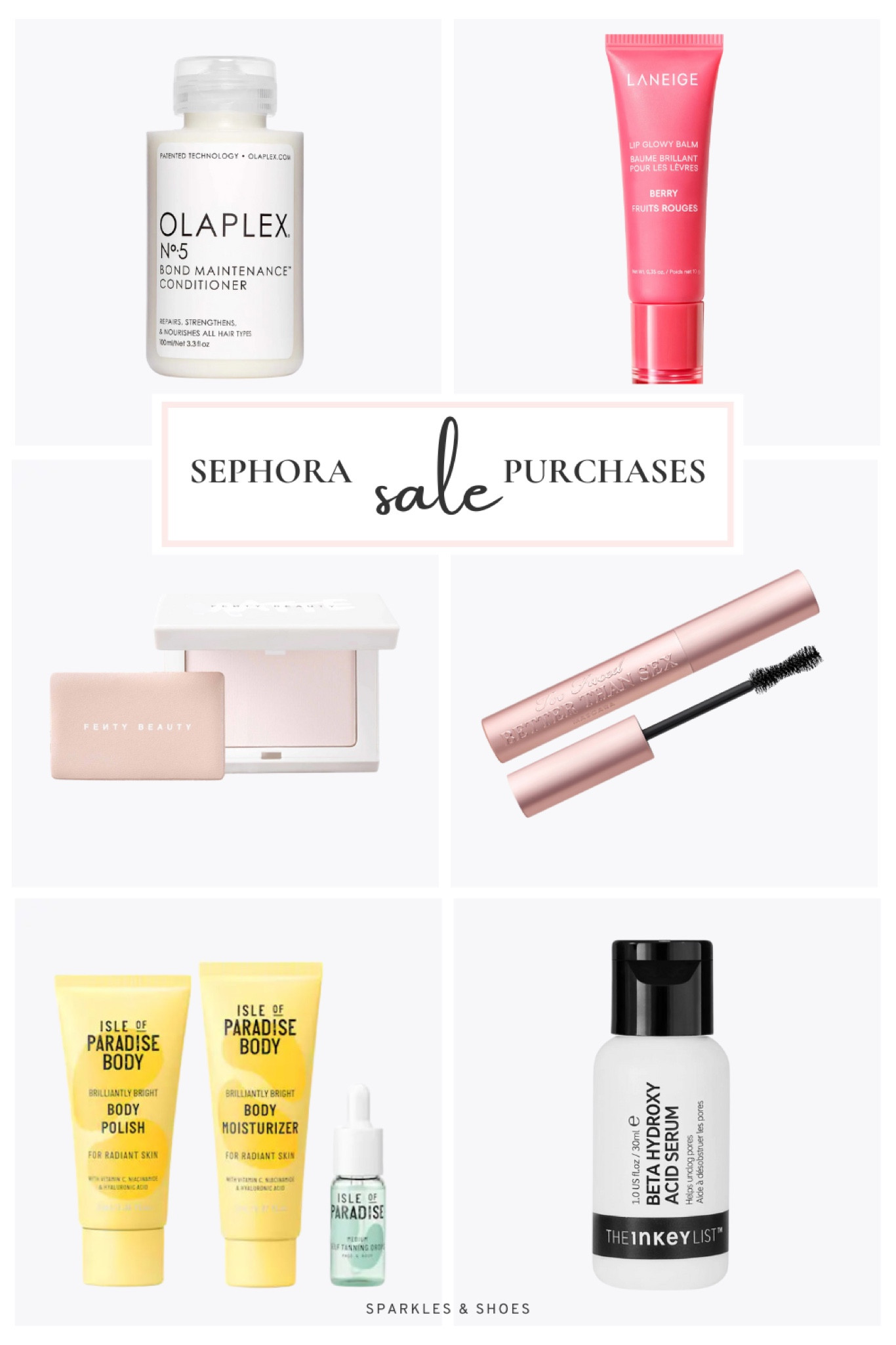 From the #Sephora Savings Event 2024 I got half a dozen products that were all discounted thanks to my Beauty Insider status. However, I must be transparent, two I did not pay for at all. The mascara I cashed in two year old voucher and the Isle of Paradise Kit I exchanged for 500 Sephora Points.
1  |  Olaplex Mini No. 5 Bond Maintenance Conditioner 2  | LANEIGE Lip Glowy Balm in Berry 3  |  Fenty Beauty by Rihanna Invisimatte Instant Setting + Blotting Powder 4  |   The INKEY List Beta Hydroxy Acid (BHA) Blemish + Blackhead Serum 5  |   Ultimate Glow Kit - Isle of Paradise  6  |   Too Faced Better Than Sex Volumizing & Lengthening Mascara

#LTKxSephora #LTKbeauty #LTKfindsunder50
