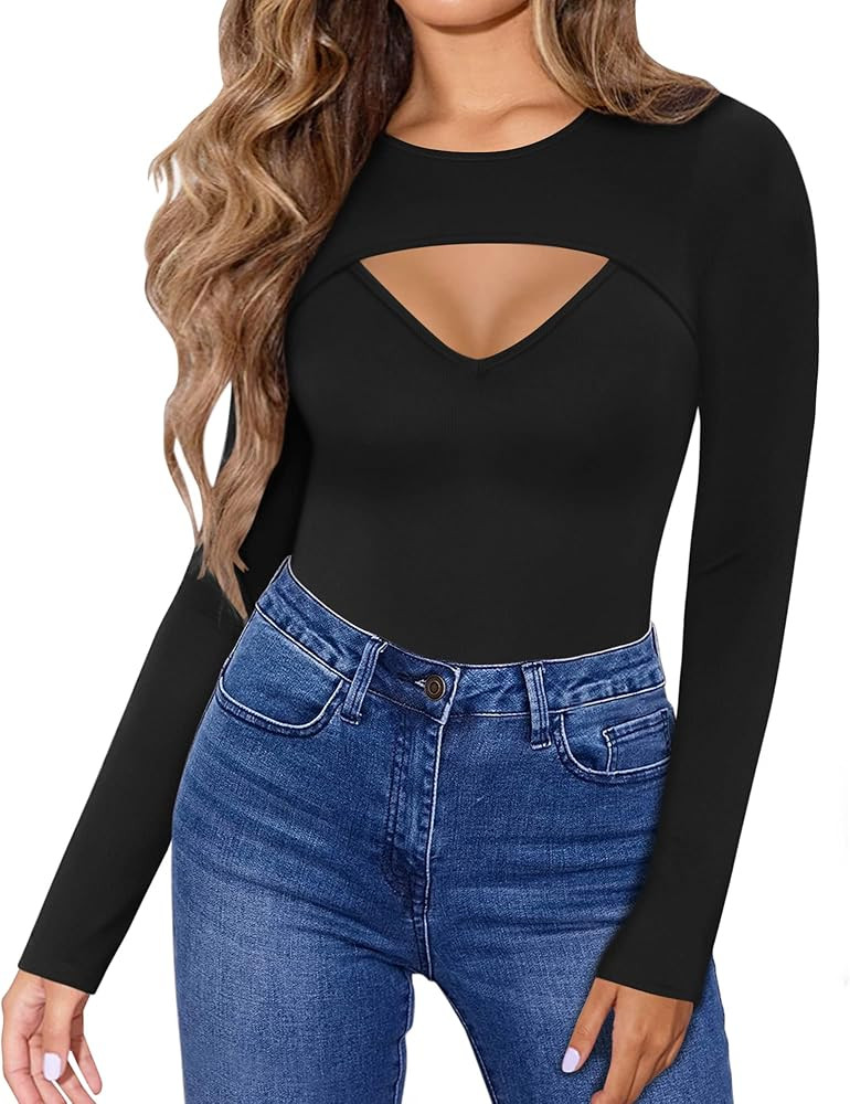 HERLOLLYCHIPS Womens Long Sleeve Tops Cut Out Front Ribbed Fitted Sexy Casual Dressy Fall Tee T-S... | Amazon (US)