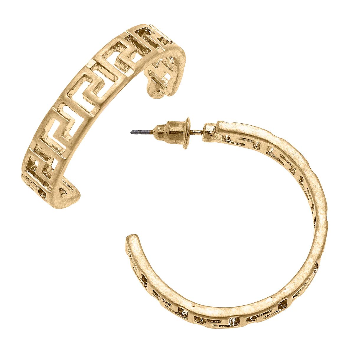 Ryan Greek Keys Hoop Earrings in Worn Gold | CANVAS