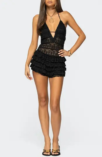 Lanney Ruffle Sheer Lace Halter Romper | Nordstrom