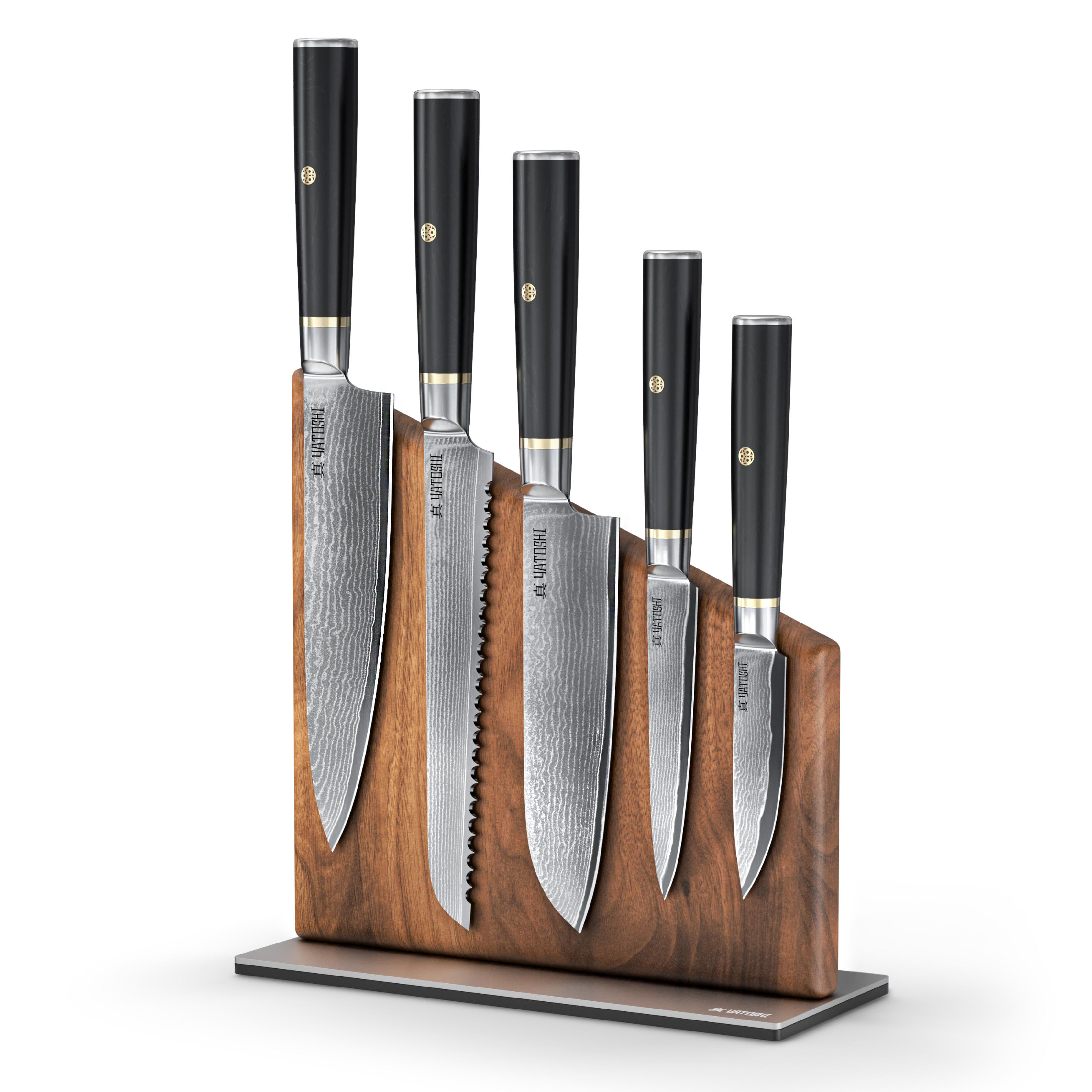 Magnetic Kitchen Knife Block Set - Black Handle Damascus (Set of 6) | Wayfair North America
