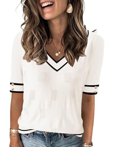 AKEWEI Sweater Women V Neck Short Sleeve Tops School Outfits for Teachers Spring Easter Outfit To... | Amazon (US)