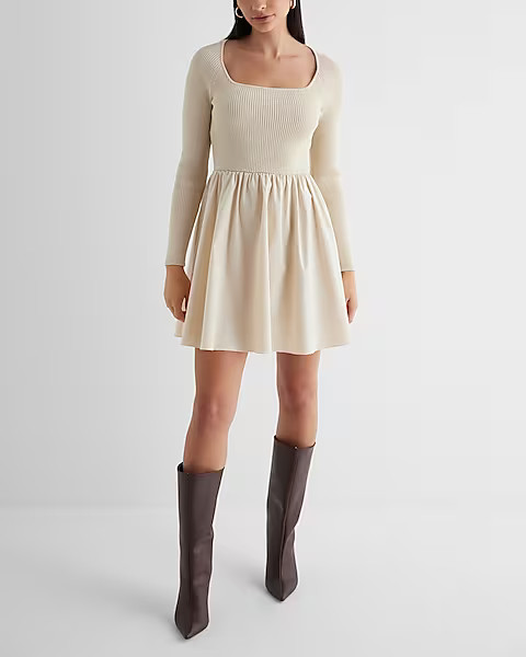Ribbed Square Neck Poplin Mini Fit And Flare Dress | Express