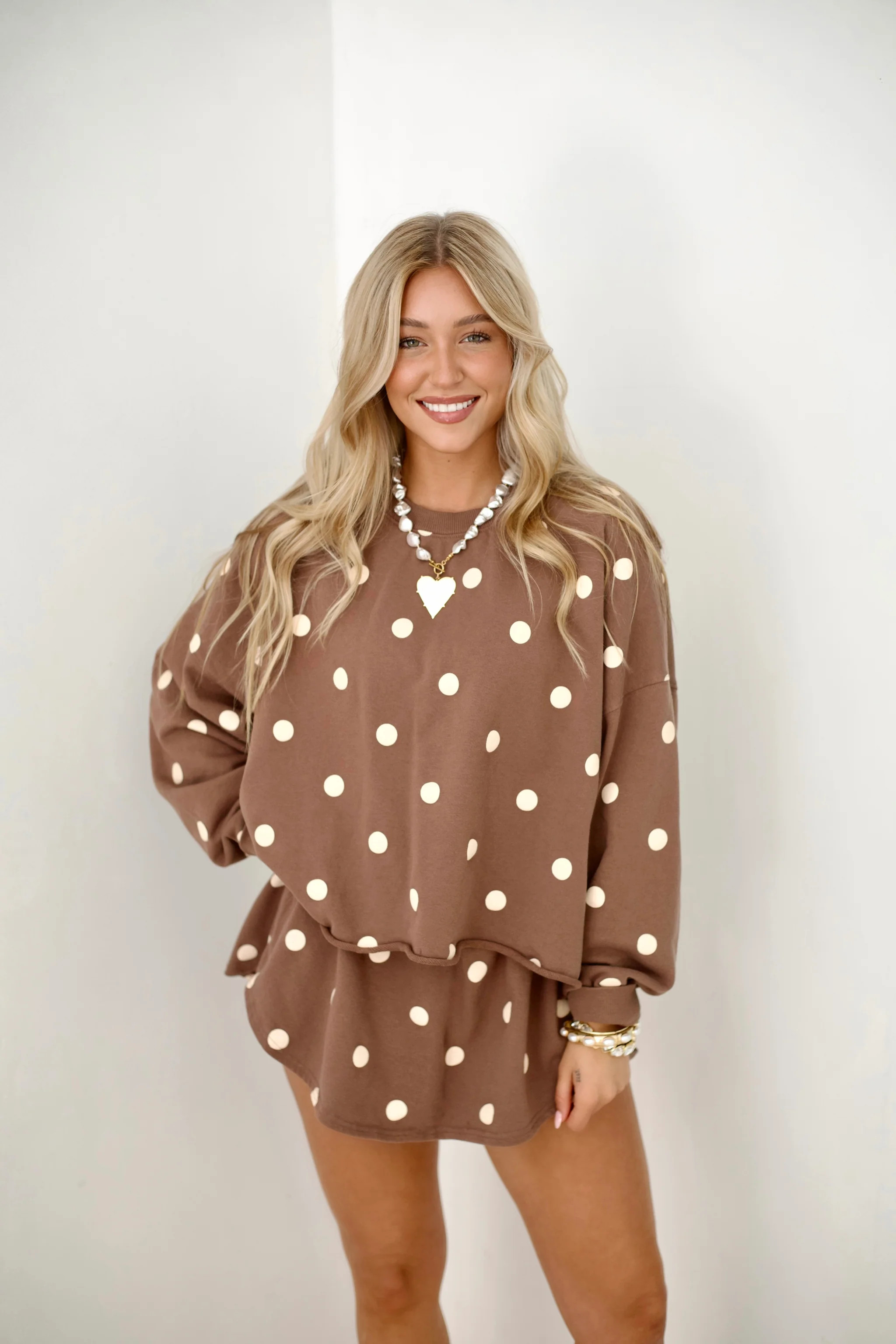 Mocha Polka Dot Long Sleeve Top & Skort Matching Set | Poppy & Pine