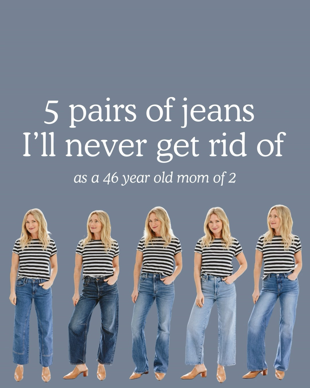These are my 5 favorite pairs of jeans! Linked in order down below ⬇️ more photos and detailed review on my blog, stylebyemilyhenderson.con

Madewell Darted Barrell: size up for a lower waist/down for tighter in the butt. Wearing a 26. 

Quince Bella Stretch Wide Leg: TTS. Wearing a 27 in the 30” inseam. 

Mother Jeans: TTS, wearing a 27. 

Free People Jeans: wearing a 26 in the regular length. 

Madewell Flare Jeans: wearing a 26 for more fitted in the butt  

#LTKmomlife #LTKootd #LTKOver40