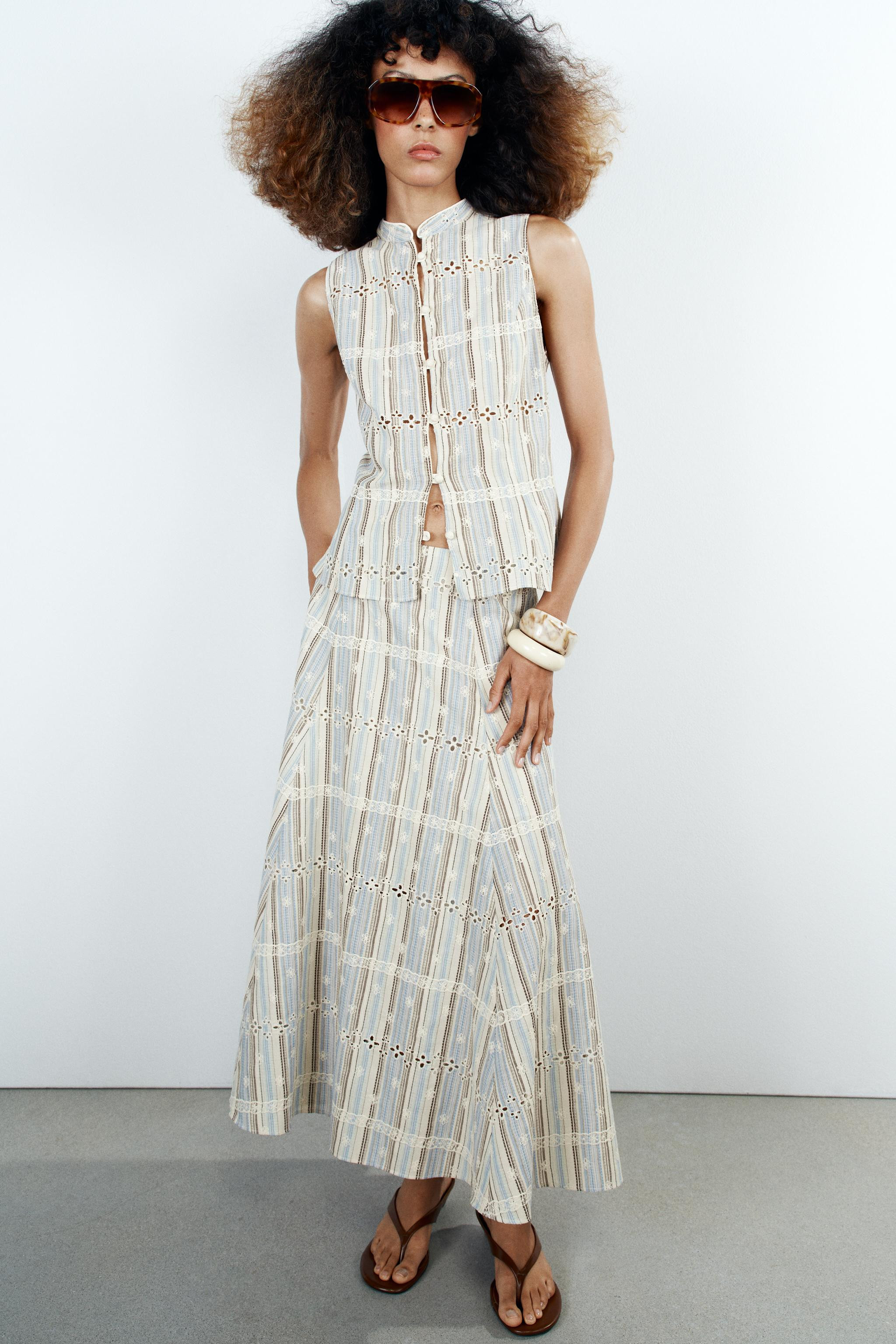 STRIPED EMBROIDERED MIDI SKIRT | Zara US