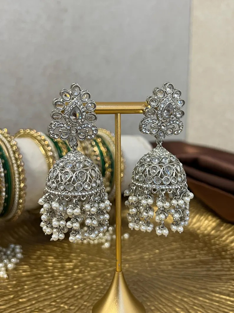 Silver Jhumka Style Earring Large Heavy White Clear Sparkly Reception Party Pearl Indian Pakistan... | Etsy (Global)