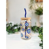 Evil Eye Glass Cup, Blue Cup With Bamboo Lid & Straw, Iced Latte Reusable | Etsy (US)