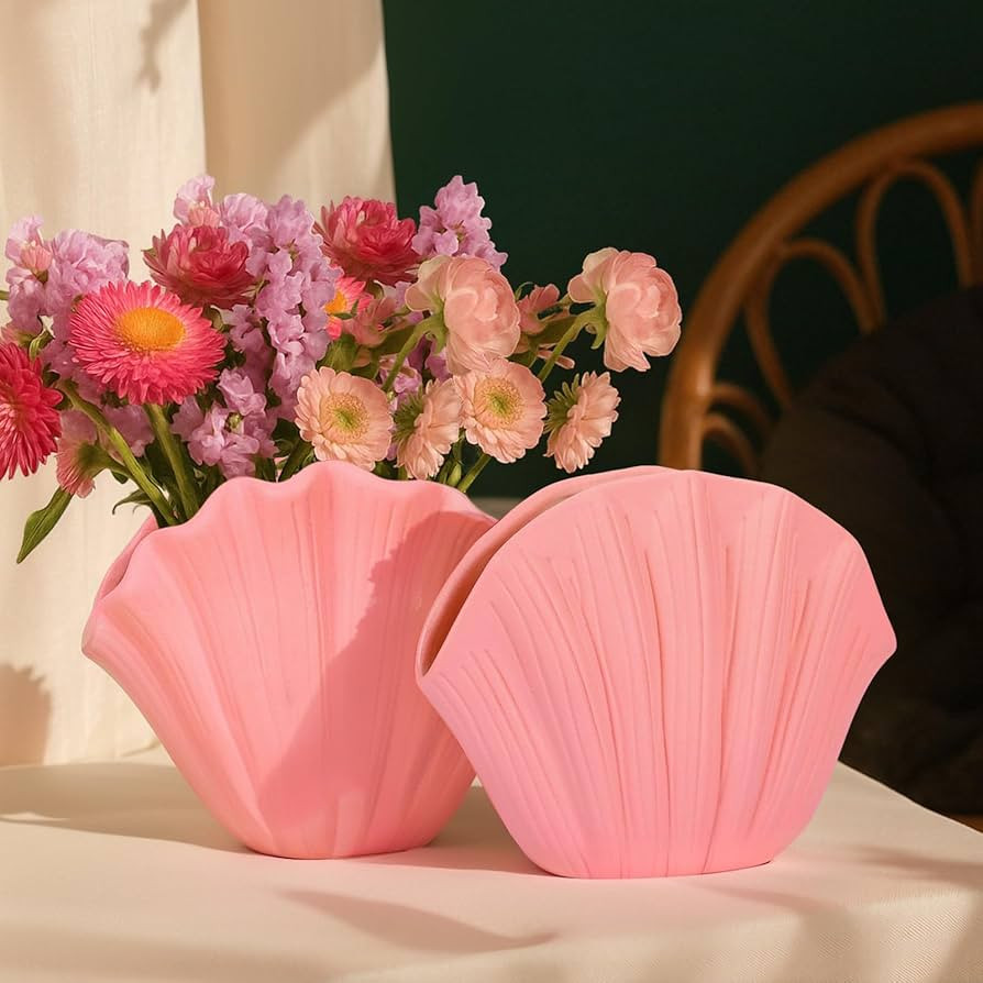 Pink Ceramic Shell Vase Set of 2 - Funky Seashell Planter for Pampas Grass, Cute Coastal Decorati... | Amazon (US)