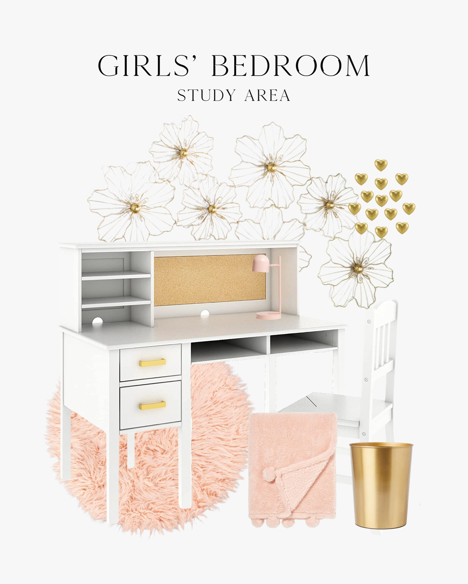 Girls’ Bedroom: Study Area

Includes: children’s desk and chair, rug, wastebasket, throw blanket, wall decor, heart push pins, and desk lamp.

#LTKfamily #LTKhome #LTKFind