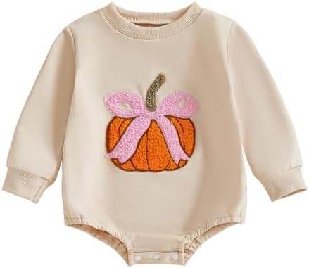 Baby Halloween Outfit Newborn Girl Pumpkin Bow Bubble Romper Sweatshirt Infant Bodysuit Cute Fall... | Amazon (US)