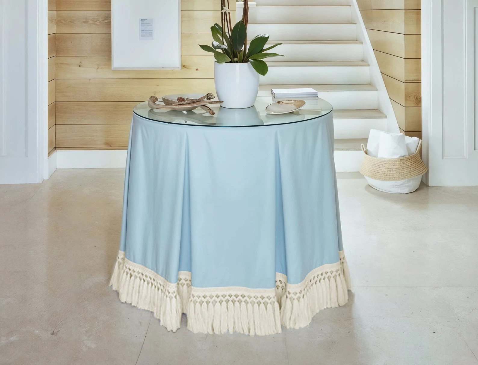 Custom Dining Room Round Table Skirt With Pleats, Baby Blue Linen and Ivory Tassel - Etsy | Etsy (US)