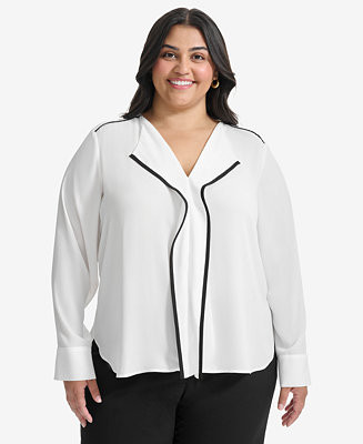 Plus Size Contrast-Trim Long-Sleeve Blouse | Macy's