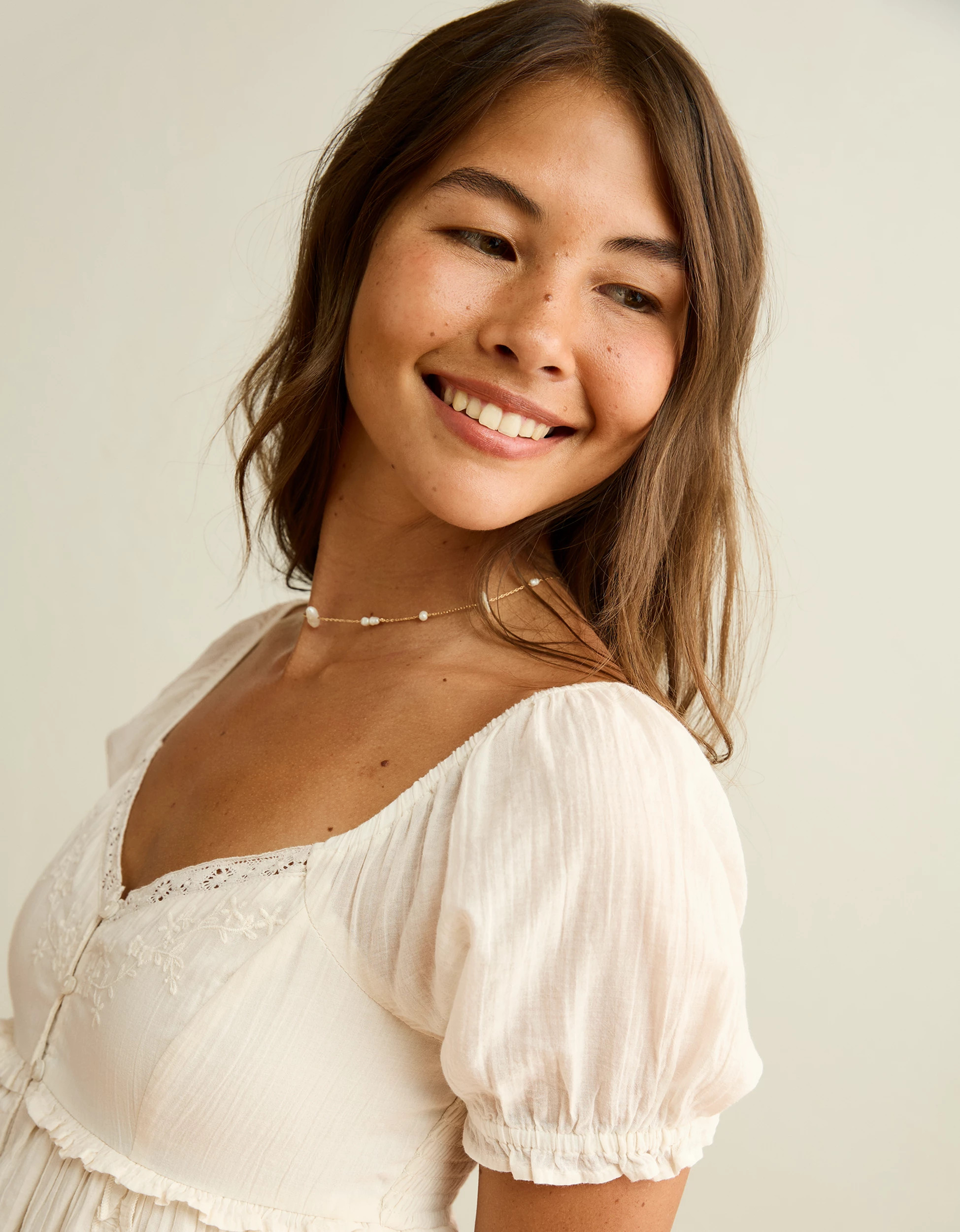 AE Babydoll Puff-Sleeve Embroidered Mini Dress | American Eagle Outfitters (US & CA)