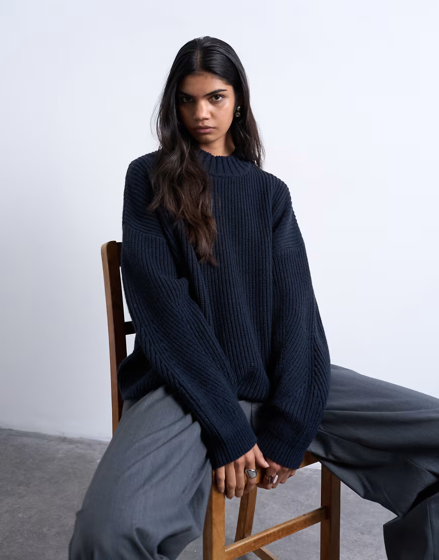 Topshop knitted clean wide neck rib jumper in navy | ASOS (Global)
