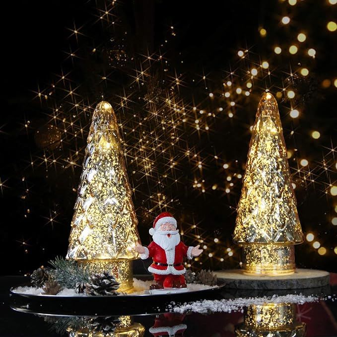 Mercury Glass Christmas Tree, 2-Pack Lighted Xmas Tree Decorations, Holiday Centerpiece Battery O... | Amazon (US)