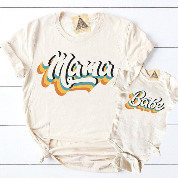 Retro Rainbow 70s Mama and Babe Mommy and Me Set, Retro Baby gift, Retro font Mama Shirt, Mommy a... | Etsy (US)