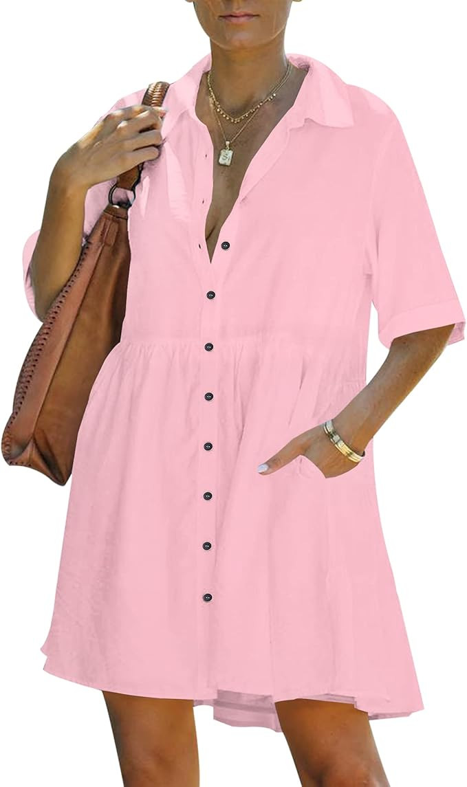 PYGFEMR Women's Short Sleeve Babydoll Dress Button Down Dresses with Pockets | Amazon (US)