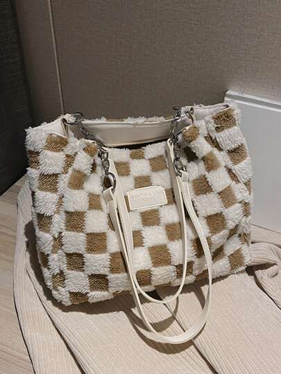 Checkered Pattern Letter Patch Decor Fuzzy Shoulder Tote Bag SKU: sg2212218200070757$14.20$15.50-... | SHEIN