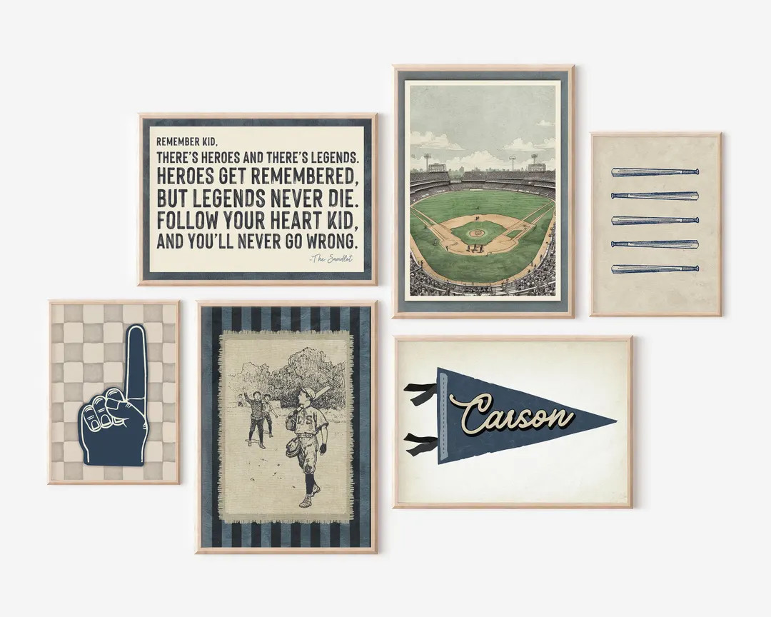 Baseball Art Boys Room Set of 6 Gallery Wall Baseball Quote Wall Art Custom Name Pennant Flag Pri... | Etsy (US)