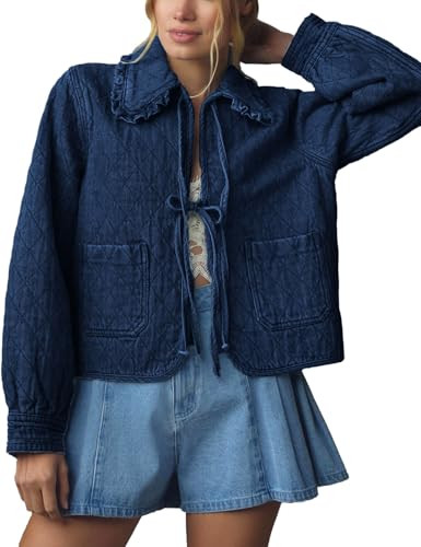 Kedera Denim Shacket Jacket for Women Long Sleeve Peter Pan Collar Shirt Tie Front Tops Blue Short Jean Coat | Amazon (US)