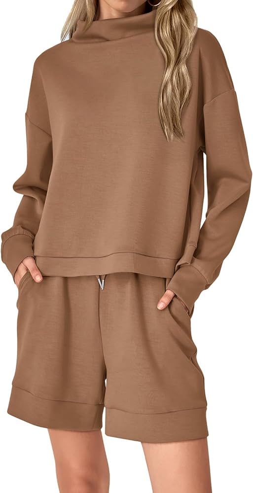 NALANISA Women's 2 Piece Outfits Sweatsuit Casual Cowl Neck Sweatshirt Top Lounge Shorts Loose Fi... | Amazon (US)
