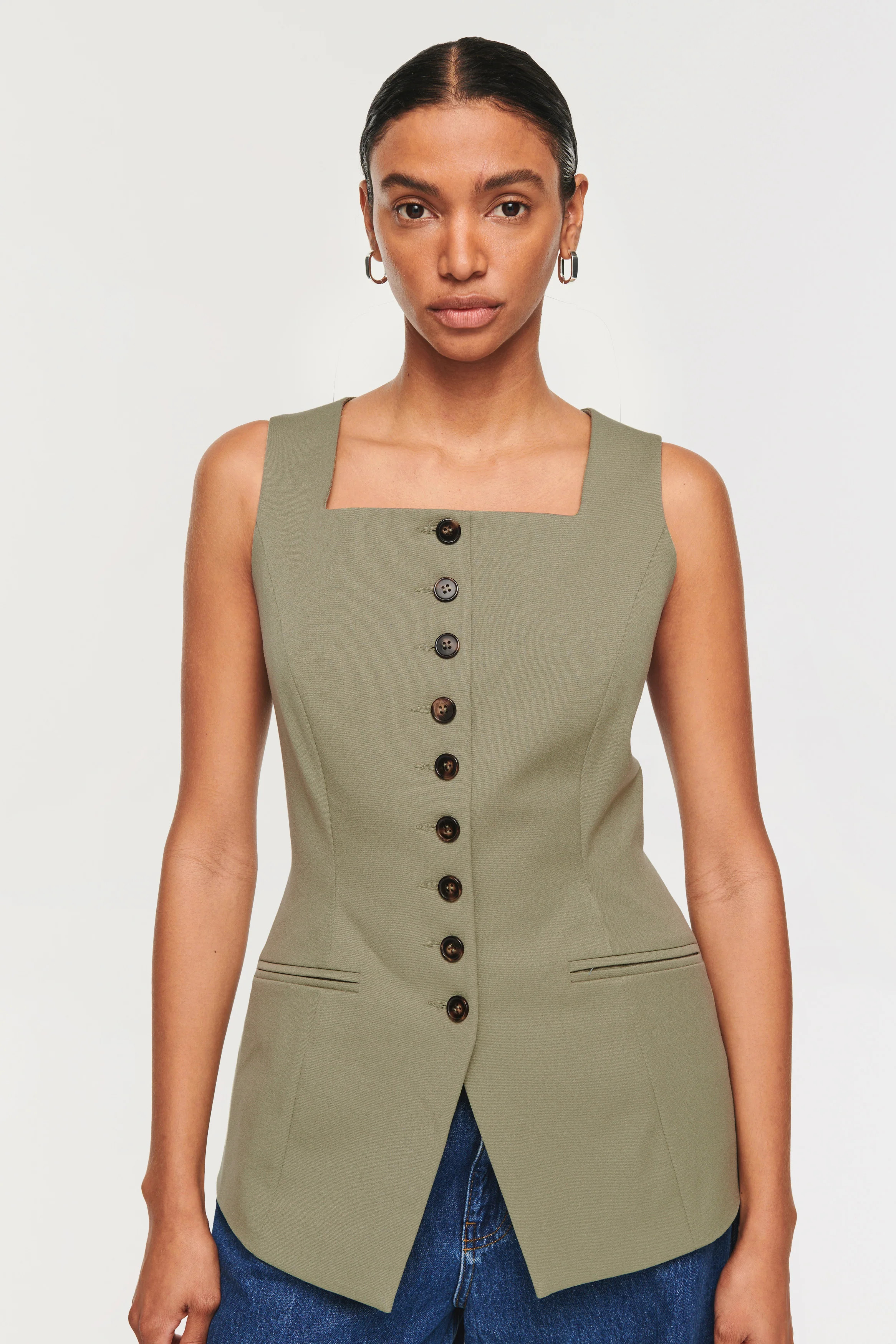 Monika | Long Line Waistcoat in Dark Sage Green | ALIGNE | Aligne UK