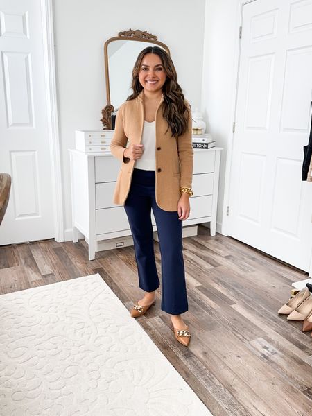 Camel sweater blazer size xxs petite - wearing an older version of the current sweater blazer linked but i wear size xxs petite in both styles 
Navy pants size xs - i size down a size in regular sizing 
Brown mule flats size 5 TTS






Teacher outfit
Teacher outfits
Office casual
Business casual 
Back to school
Work outfit


#LTKBacktoSchool #LTKsalealert #LTKworkwear