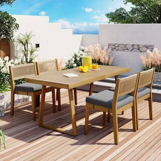 5-Piece Wood Outdoor Dining Set with Gray Cushion, Suitable for Balcony, Vourtyard, and Garden | The Home Depot