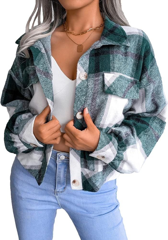 Zontroldy Womens Fashion Cropped Corduroy Plaid Shacket Jacket Button Down Long Sleeve Crop Shirt... | Amazon (US)