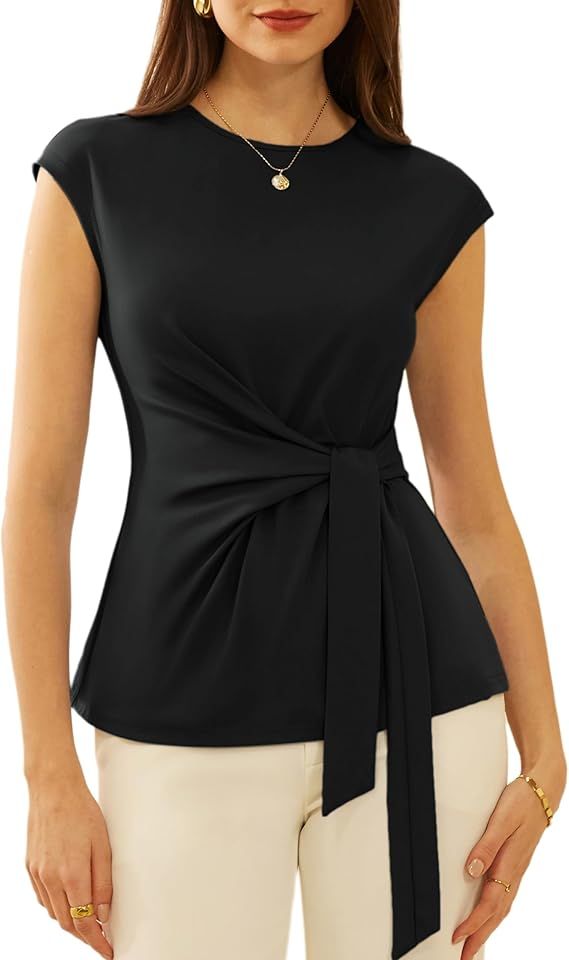 GRACE KARIN Womens Cap Sleeve Tops Summer Tie Waist Crew Neck Elegant Blouse Dressy Casual Solid ... | Amazon (US)