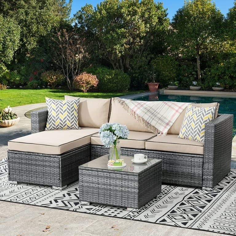 Walsunny 3 Piece Khaki Outdoor Furniture Sectional Sofa Patio Set with Silver Gray Rattan Wicker ... | Walmart (US)