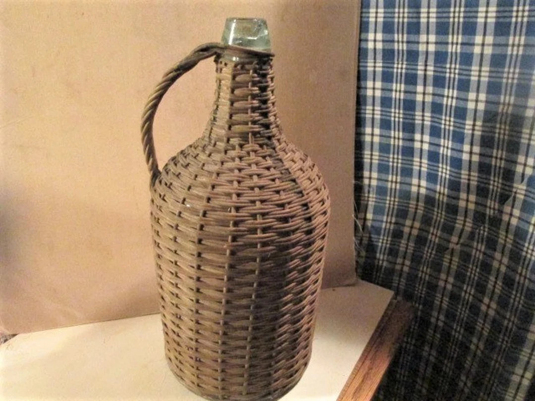Antique Aqua Bottle with Wicker Rattan Cover Blown In Mold Demi John Demijohn 8241 | Etsy (US)