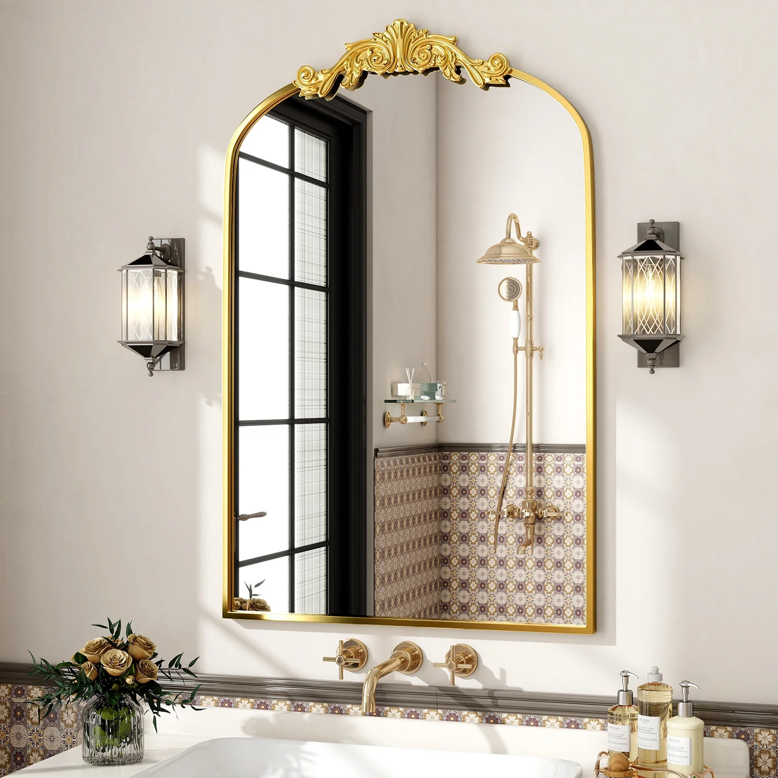 BEAUTYPEAK 38"x 24" Arched Bathroom Mirror Baroque Style Wall Decor,Gold | Walmart (US)
