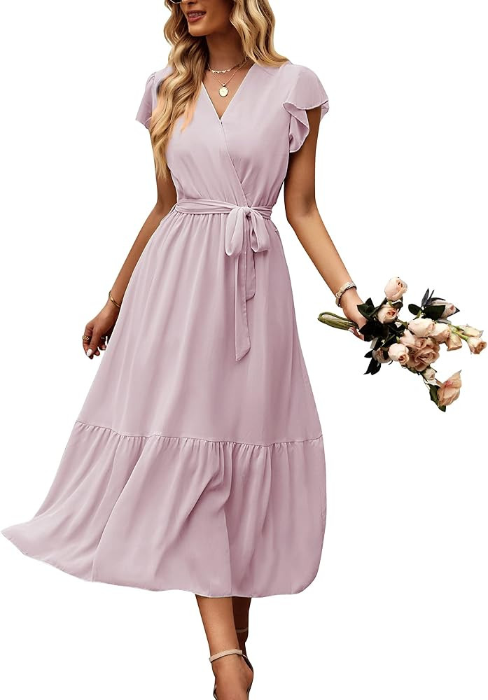 Bequemer Laden Women's Summer Floral Dress Wrap V Neck Short Sleeve Belted Ruffle Beach A-Line Bohem | Amazon (US)