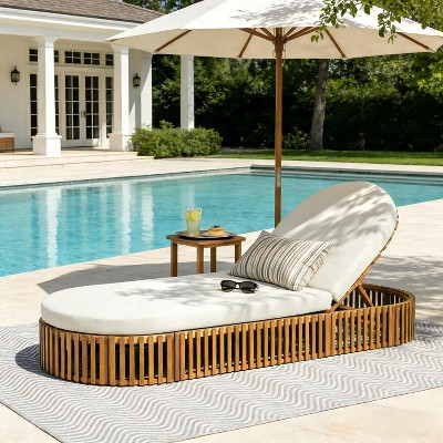 ModernLuxe Outdoor Acacia Wood Chaise Lounge with Slatted Base, Teak Finish Patio Daybed with Cream Cushion, Ergonomic Poolside Recliner | Target